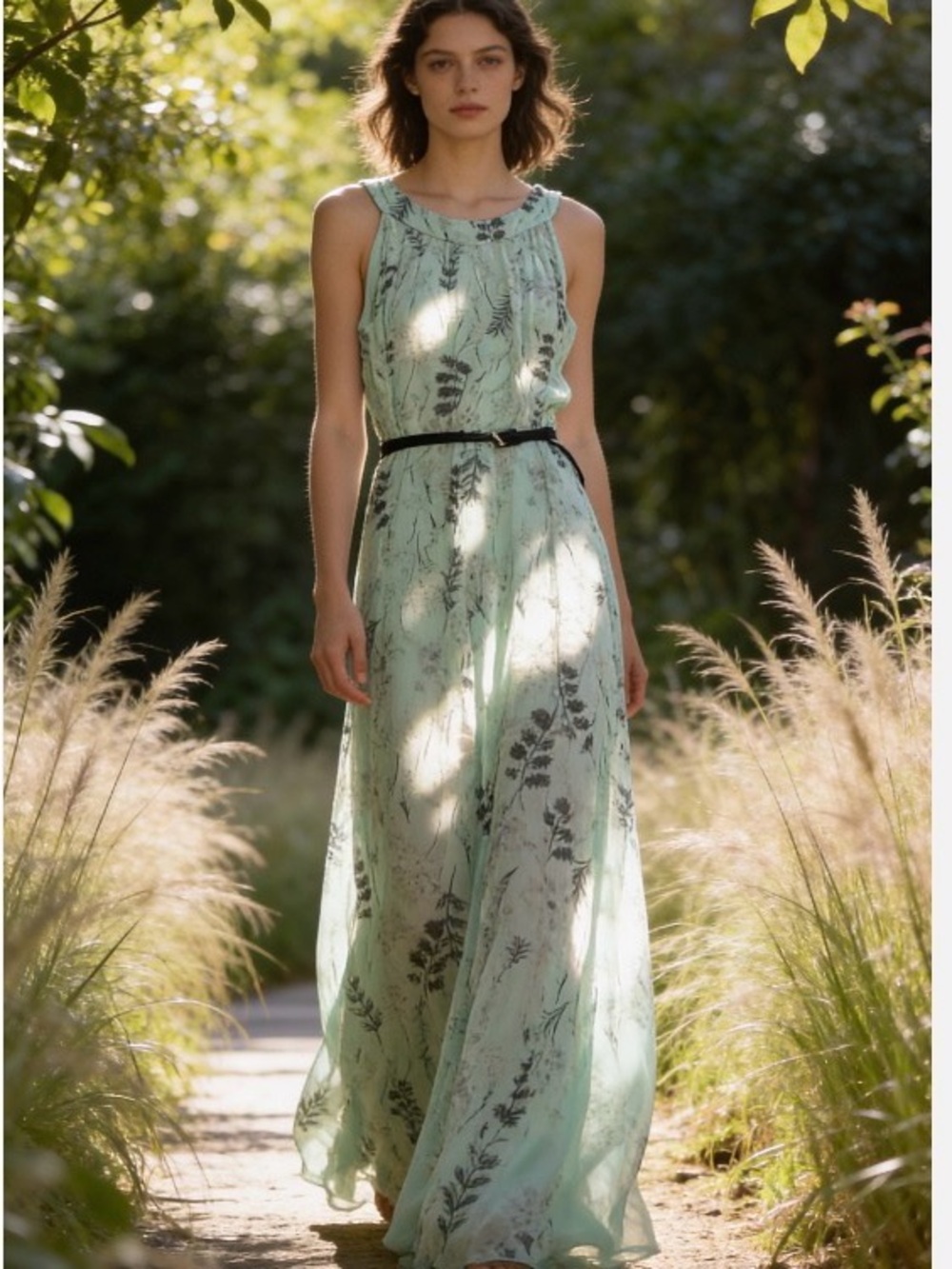Tommy Hilfiger Mint Green Floral Sleeveless Maxi Dress with Black Belt